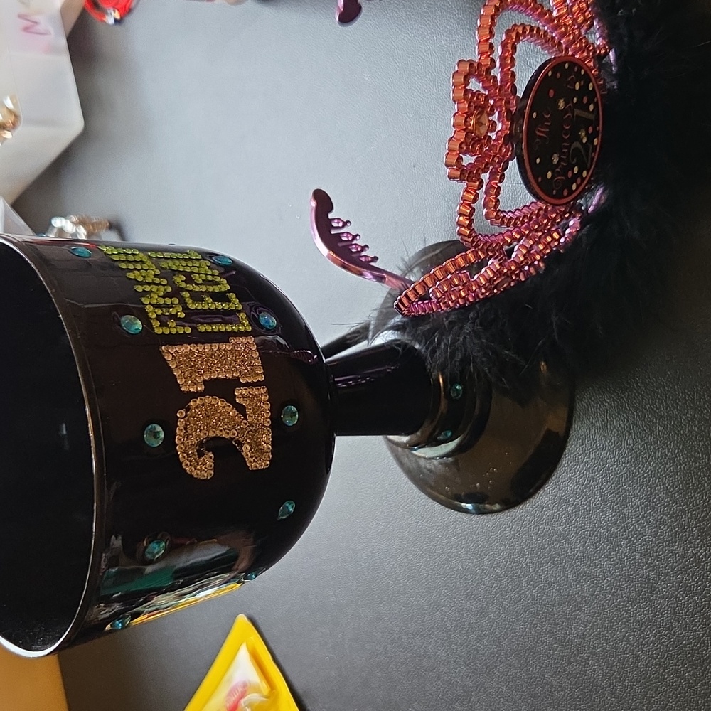 21st Birthday Pink Tiara with Black Fur Trim And Cup